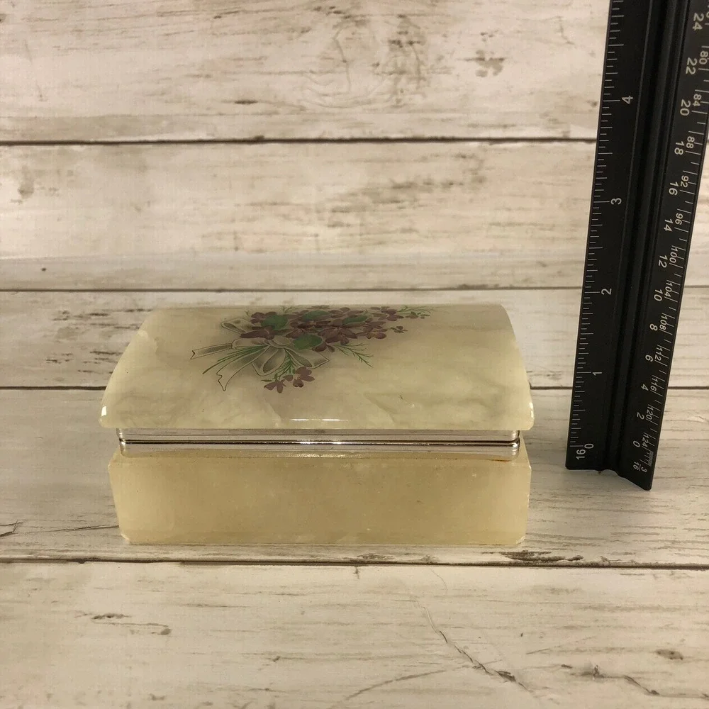 Vintage‎ Alabaster Trinket Box Purple Floral Hinged Jewelry Box Stone Keepsake
